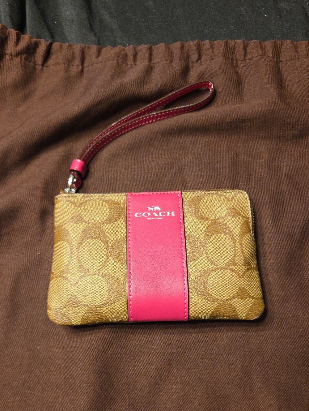 Coach Brown Signature Canvas Wristlet with Pink Leather Stripe